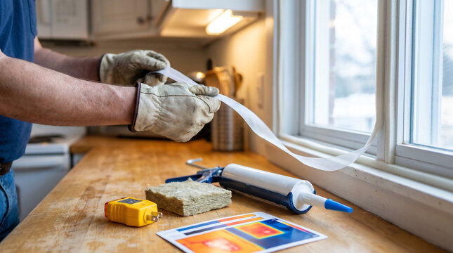 Hands checking window draft with home energy audit tools
