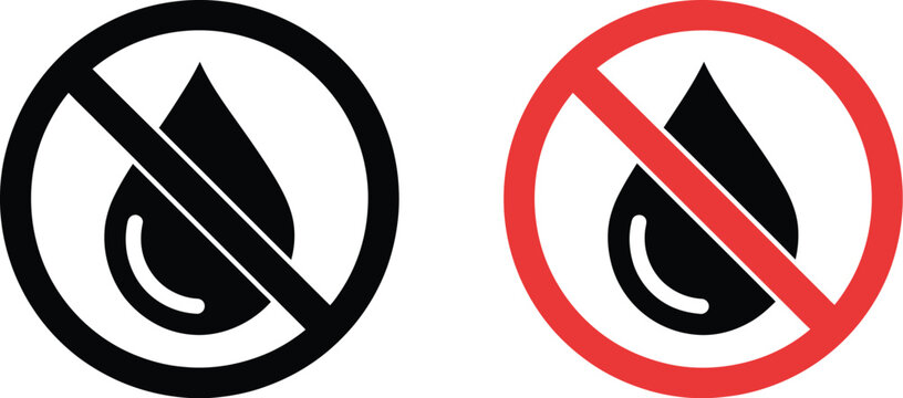 No liquids, allowed prohibition sign icon set, crossed water drop symbol in black and red circular warning style for safety restriction design.