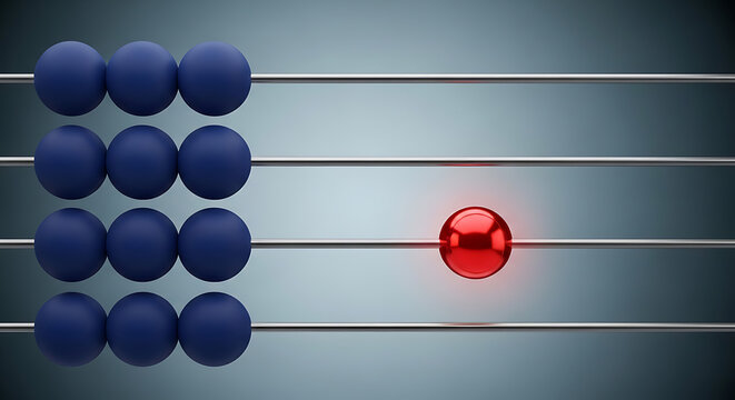 Red bead standing out from blue on an abacus structure representing individuality or difference with standout different uniqueness individuality exception contrast business calculation