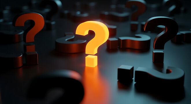 Bright glowing orange question mark standing out among many dark question marks highlighting a central inquiry or problem with solution confusion decision thinking challenge strategy knowledge