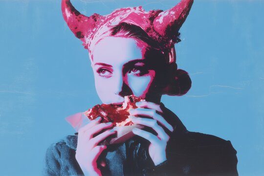 Vivid pop art image featuring a woman with red horns enjoying a piece of jam toast against a blue background.