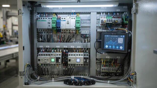 Control cabinet interior with smart sensors and wiring showcasing advanced IoT technology to monitor machine performance and trigger alerts in manufacturing lines