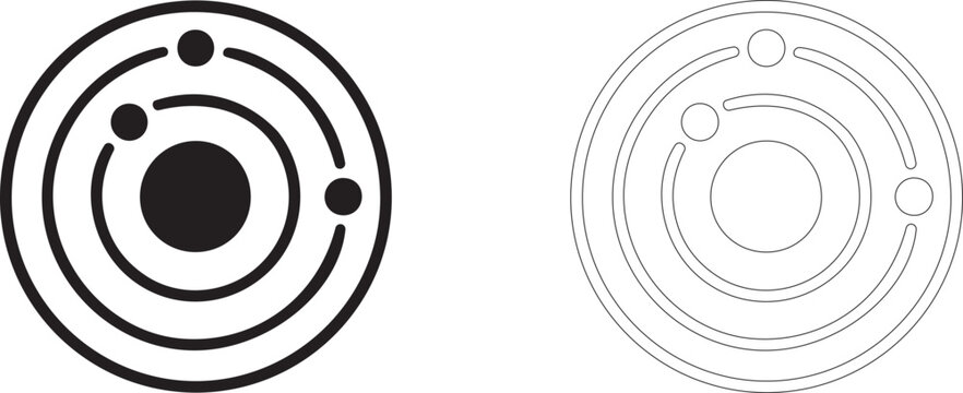 Solar system icon, planetary orbits symbol, galactic structure, astronomy, gravity and space rotation.
