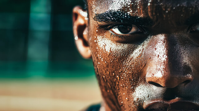 Close up portrait of a focused athlete with sweat on his face, showcasing determination and intensity. The background features a blurred outdoor sports environment, emphasizing the athlete's expressio