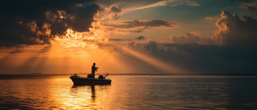 Angler fishing from a small boat on calm water during sunset, dramatic sky reflections and cinematic lighting create a serene outdoor lifestyle scene
