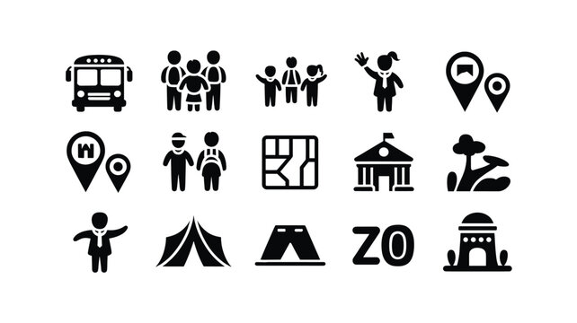 Set of 15 Black Flat Travel and Tourism Icons Vector
