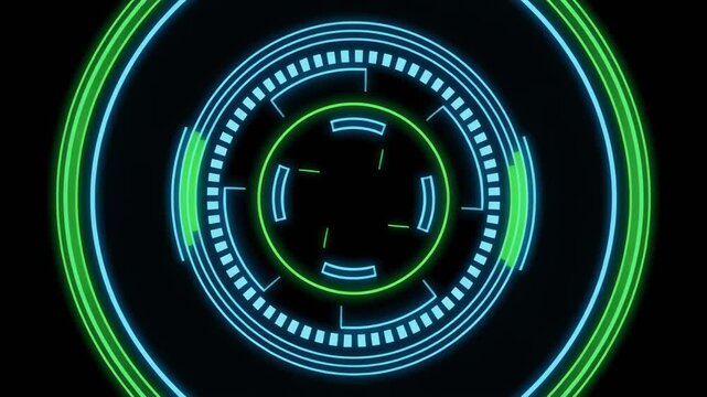 Futuristic digital interface with glowing concentric rings and interactive elements
