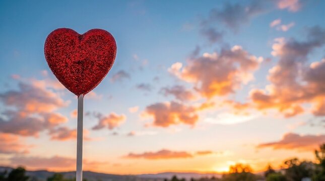 Romantic Heart-shaped Balloon on a Stick Against Sunset Sky with Clouds