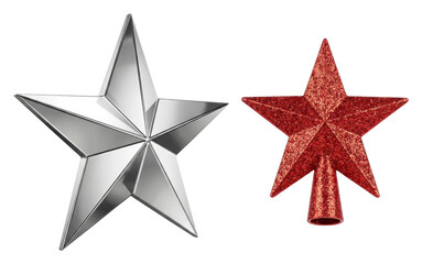 Obraz premium Silver and Red Metallic Christmas Tree Star Ornaments on a Transparent Background PNG File