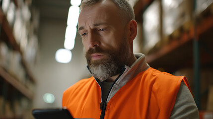 Fototapeta premium Serious male logistic worker with beard wears safety vest, use digital tablet to check stock in warehouse, distribution center at night