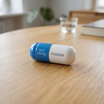 Single blue and white medical pill on a wooden table