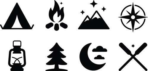 Camping icons set with tent fire mountain and compass isolated on transparent background © graphicssajib