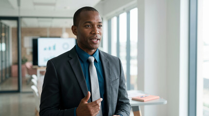 Fototapeta premium Confident Black male manager speaking and gesturing in a modern office. African American business executive leading a meeting or giving a presentation. Corporate leadership concept