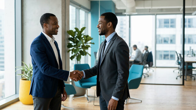 Two smiling Black businessmen shaking hands in a modern office. African American corporate professionals sealing a deal or greeting. Successful business partnership concept