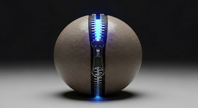 A round brown sphere with a metal zipper opening and glowing blue light inside on a dark grey surface