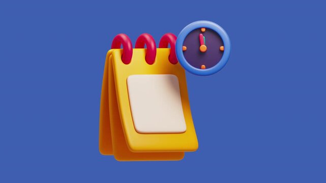Loopable 3D animation. Yellow spiral calendar with red spring and green checkmark hovering in the air on blue background. Simple colorful clock with moving hand floating nearby. Planning concept.