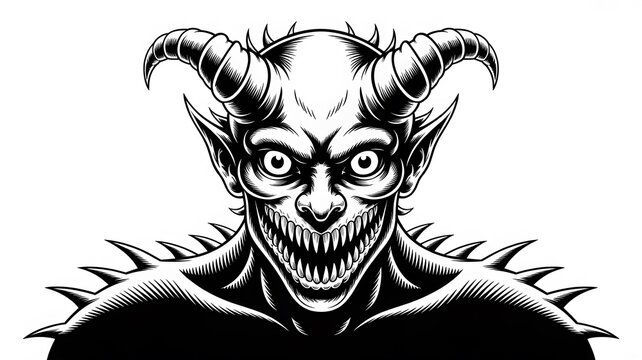 Scary demon head with horns and sharp teeth in a black and white comic book art style