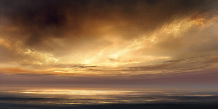 Dramatic orange and red sunset over the sea with sunlight breaking through the beautiful summer clouds at dusk