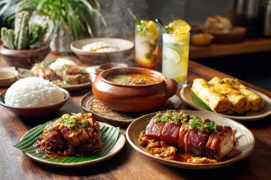 Assorted Filipino dishes on a rustic wooden table under soft natural daylight