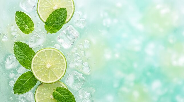 Lime slices and mint leaves with ice cubes on a refreshing blue green background