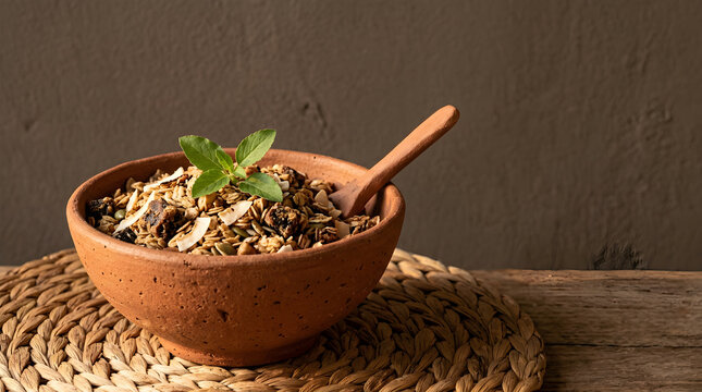 Hand-spun terracotta bowl with food on woven mat
