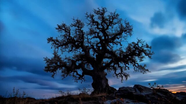 Tree silhouette against dramatic cloudy sky, time-lapse feel.