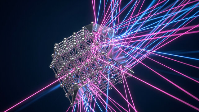 Macro of a dark metallic nano-lattice cube bombarded by sharp glowing neon pink and blue laser beams