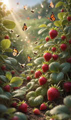 Fototapeta premium Fresh Strawberries Growing in Garden with Butterflies