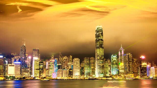 Nighttime Panorama of Hong Kong Skyline with Reflections on Victoria Harbour
