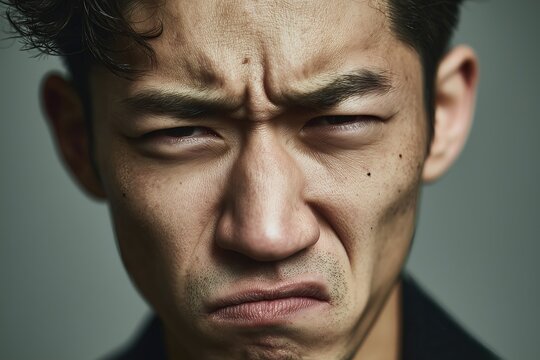 A close-up portrait capturing an intense, frustrated expression of a man, showcasing strong emotion and facial details.