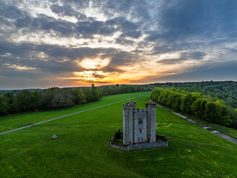 Sunset over Hiorne's Tower from a drone, Arundel, West Sussex, England