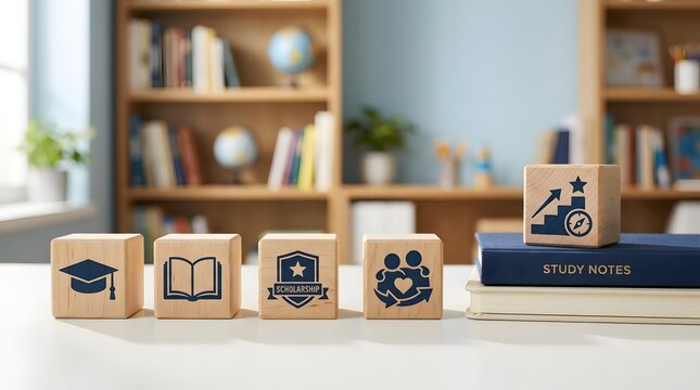 birch blocks with education icons on wooden desk study notes scholarship learning classroom books icon set academic knowledge