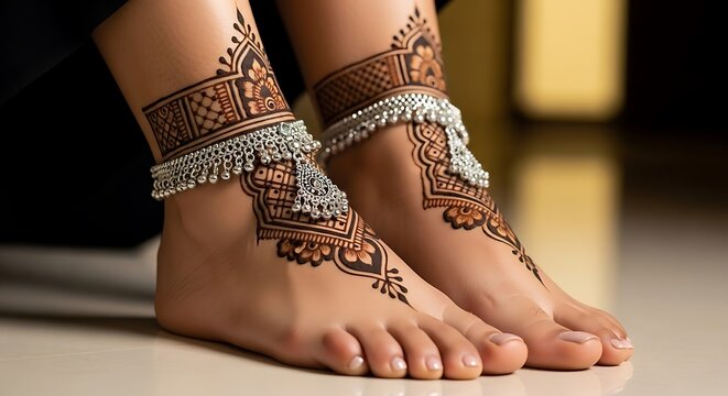 Beautiful woman feet decorated with traditional henna mehndi patterns and elegant silver anklet jewelry for wedding