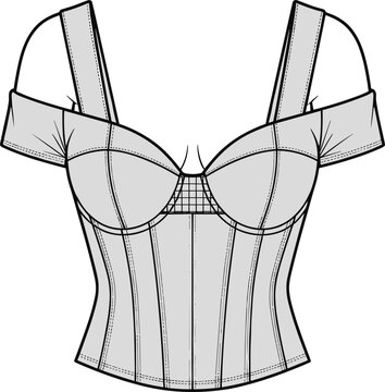 Off shoulder bustier corset top technical fashion flat sketch cad drawing vector illustration, sweetheart neckline bodice blouse apparel design template,