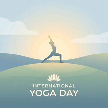 International yoga day illustration with a person practicing yoga at sunrise on a hill