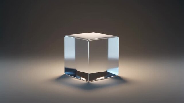 A sleek transparent cube casting soft shadows in a minimalist setting.