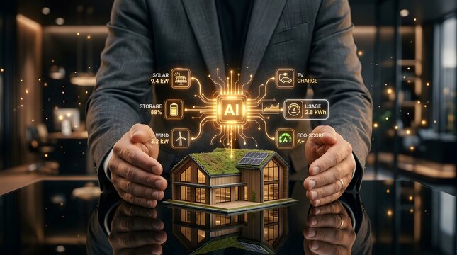 hands holding eco house hologram with ai interface sustainability technology future innovation smart home energy digital environmental architecture