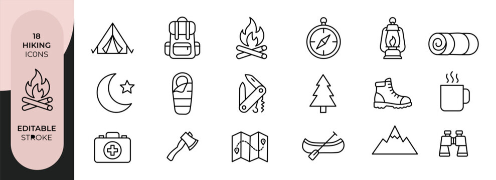 set of hiking vector thin line icons
