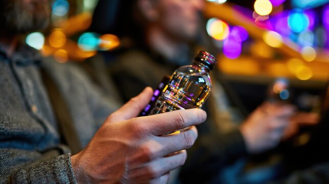 Back seat passenger holding breathalyzer and water bottle with city lights outside