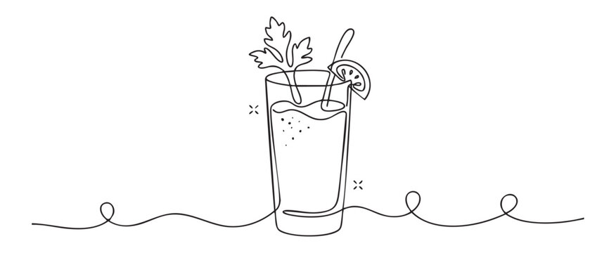 Minimalist continuous line art vector of a fresh glass of tomato juice with celery and lemon slice, showcasing a healthy beverage and modern design concept
