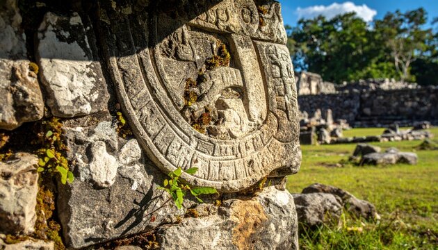 Intricate Mayan glyph carving on ancient weathered stone stele section at Chichen Itza ruins, showcasing historical heritage.