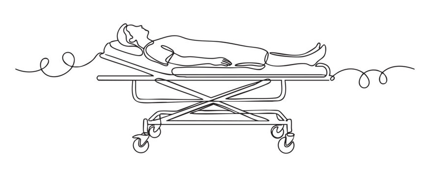 Continuous line art vector illustration of a person on a gurney representing emergency medical care and hospital patient admission concept on white background