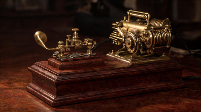 Vintage Antique Telegram Machine Crafted from Polished Brass and Wood, Steampunk Aesthetic Telegraph Communication Device for Sending Morse Code Messages in a Historical Retro Setting