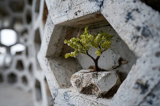 A tiny, resilient plant thrives in a hexagonal concrete structure, symbolizing hope and growth in an urban environment.