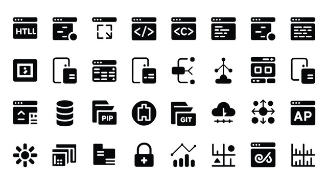 Programming and web development icons featuring html code git folder and system interface.