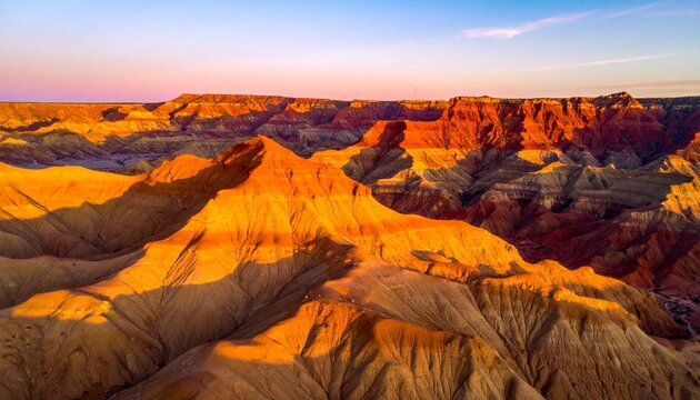 Dramatic sunset over eroded sandstone formations in desert canyon.