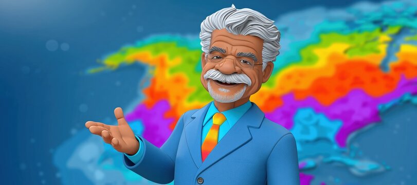 Older male meteorologist caricature gesturing with smile in front of colorful abstract weather map