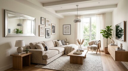 Fototapeta premium Bright and Cozy Living Room with Large Windows, Elegant Decor, Comfortable Sofa, Indoor Plants, Natural Lighting, Modern Style, Stylish Furniture, Minimalist Design, Homey Atmosphere, Trendy Interior