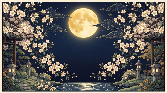 Majestic full moon illuminates a serene landscape of blossoming trees and calm waters under a dark starry sky