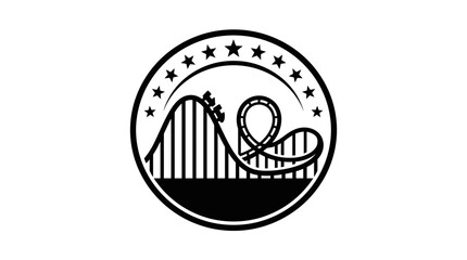 A circular black and white emblem featuring a roller coaster ride with stars. © Parvez_Nasiruddin